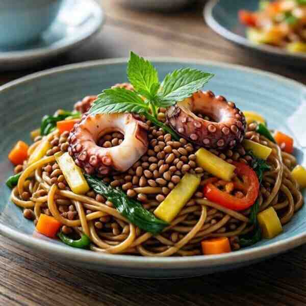 Гречневая лапша с овощами и кальмарами