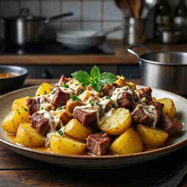 Картофель с мясом в сметанном соусе
