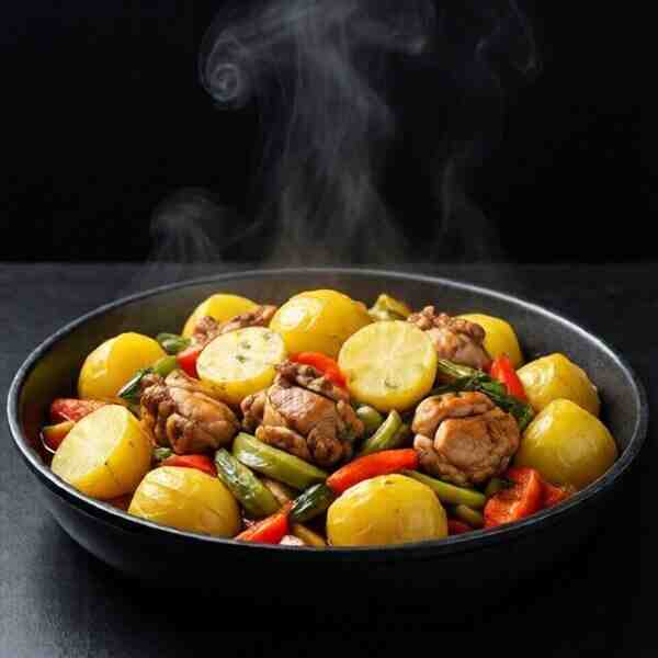Картофель с овощами и курицей на пару