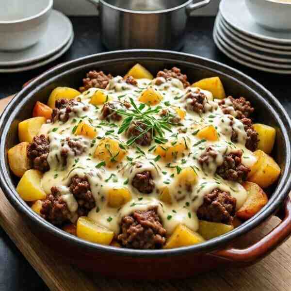 Картофельномясная запеканка с соусом Бешамель