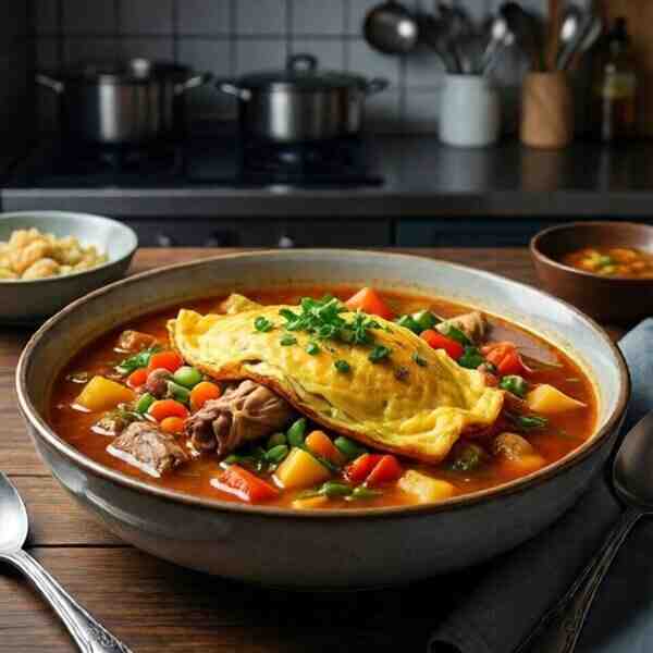 Куриный суп с омлетом и овощами