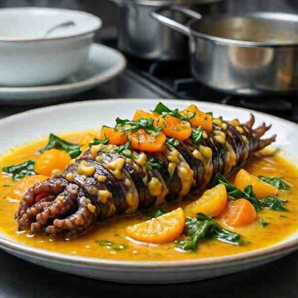 Морской язык в сливочноапельсиновочесночном соусе