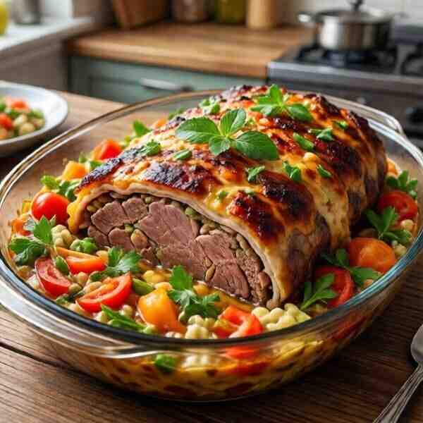 Мясная запеканка с овощным пюре