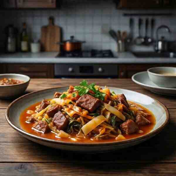 Мясная солянка с капустой в сметане