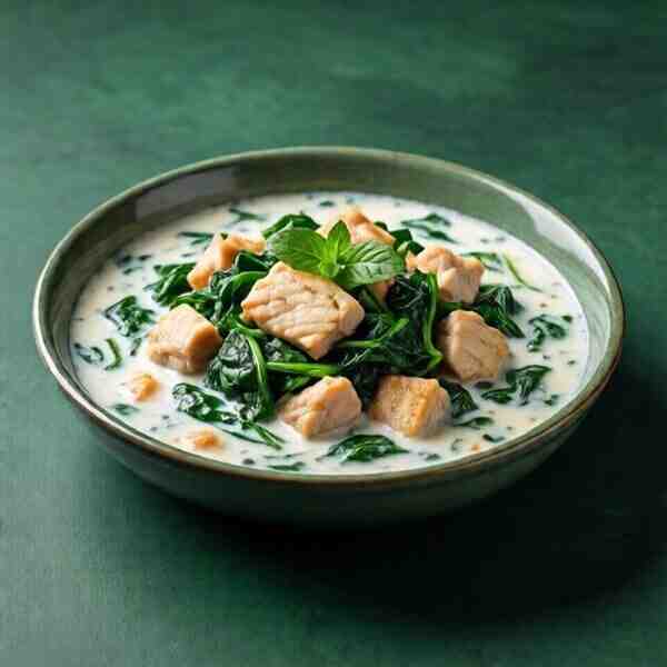 Окрошка на кефире с курицей и шпинатом