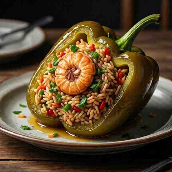 Перец фаршированный рисом и креветками