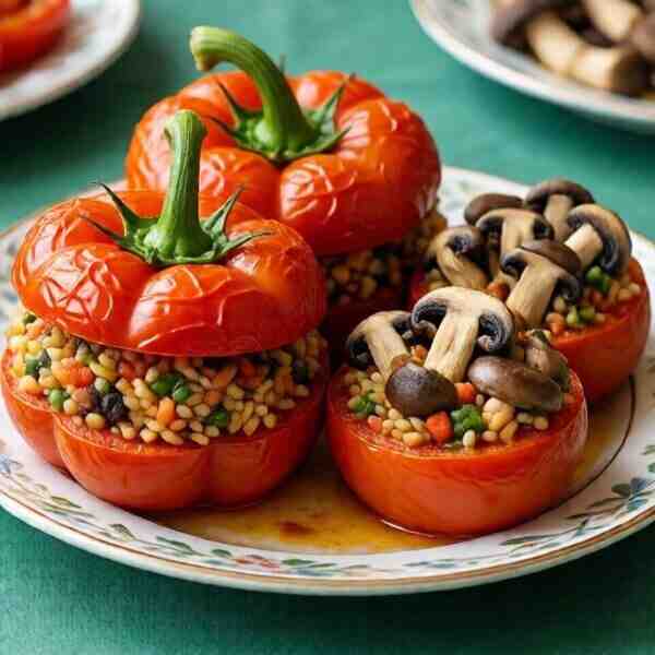 Перец фаршированный рисом помидорами и грибами