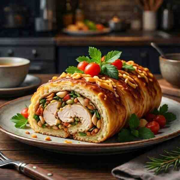 Праздничный сырный рулет с курицей
