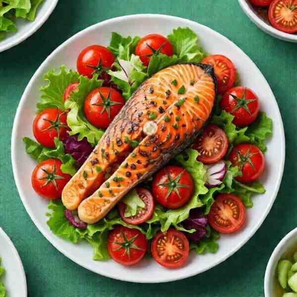 Салат с запеченным лососем и маринованными помидорами