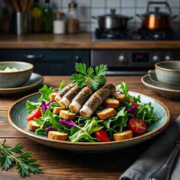 Салат со шпротами и чесночными гренками