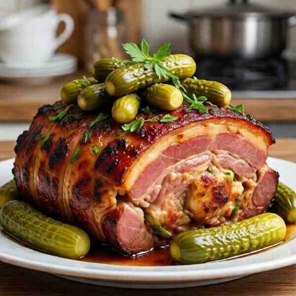 Свинина запеченная с маринованными огурцами