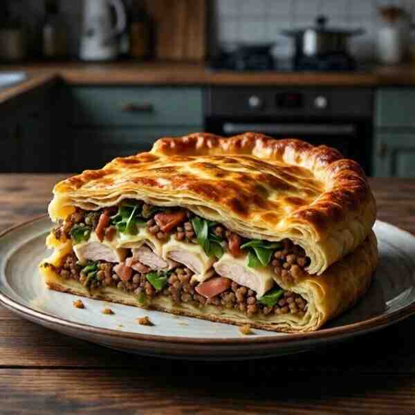 Слоеный сырный пирог с куриным фаршем