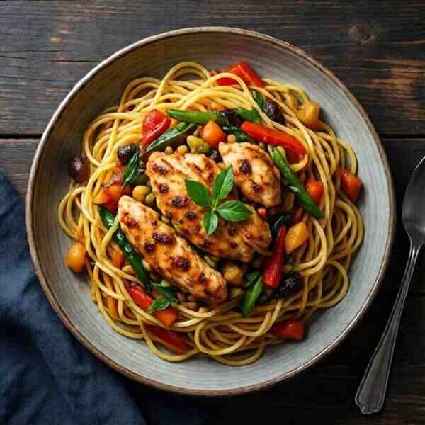 Спагетти с курицей и овощами