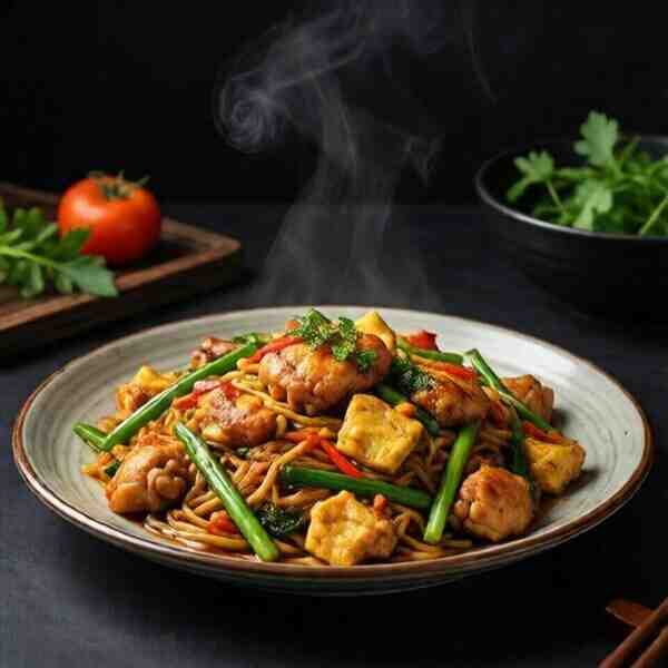 Стирфрай из курицы с яичной лапшой