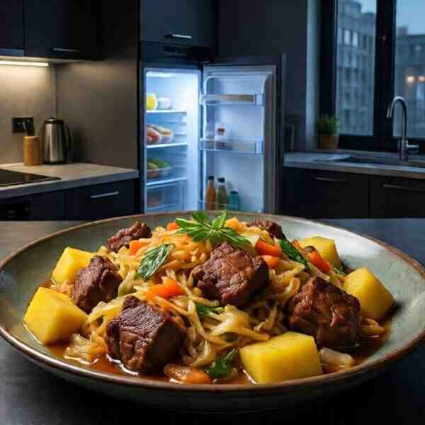 Тушеное мясо с капустой и картофелем