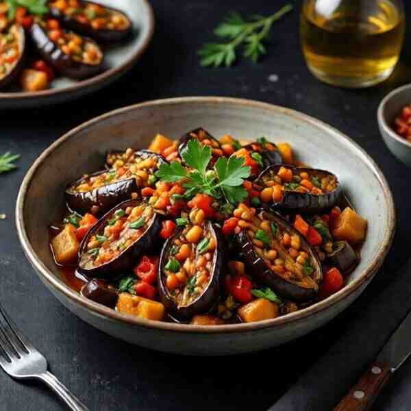 Тeплый салат из баклажанов с кускусом